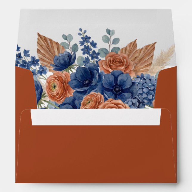 Terracotta Navy Pampas Greenery Modern Wedding Envelope (Back (Bottom))