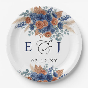 Terracotta Navy Pampas Greenery Modern Wedding Paper Plate