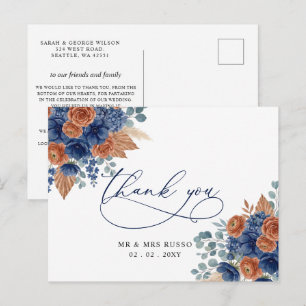 Terracotta Navy Pampas Greenery Thank You Postcard