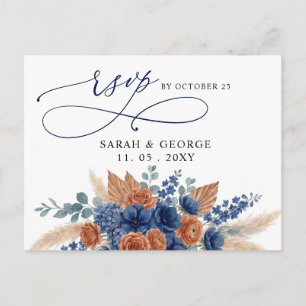 Terracotta Navy Pampas Greenery Wedding Rsvp Postcard