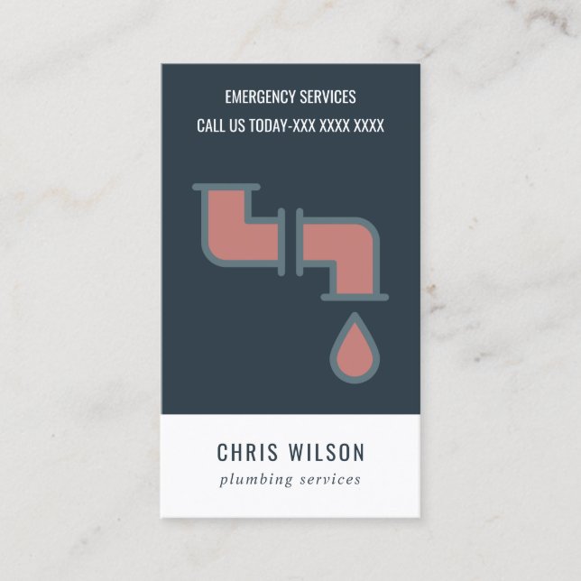 TERRACOTTA NAVY PLUMBER SERVICE PIPES PLUMBING BUSINESS CARD (Front)