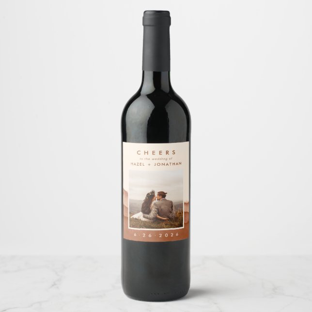 Terracotta Ombre | Boho Wedding Photo Wine Label (Front)