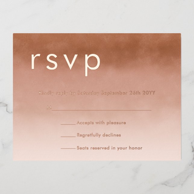 Terracotta Ombre Minimalist Boho RSVP Rose Gold Foil Invitation Postcard (Front)