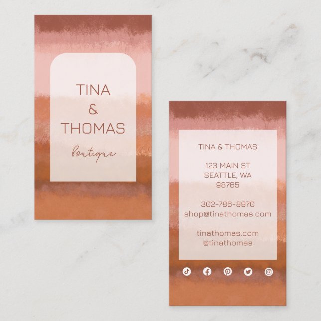 Terracotta Ombre Watercolor Social Media Earthy Business Card (Front/Back)