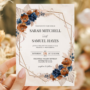 Terracotta Orange and Navy Blue Wedding Invitation