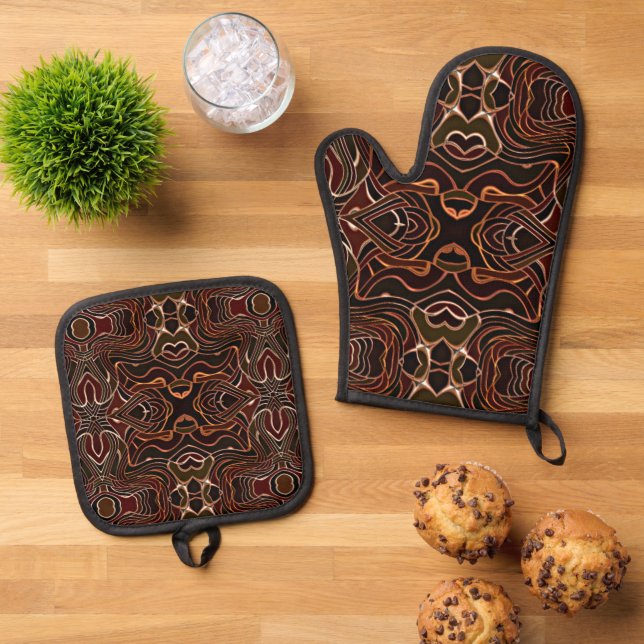 Terracotta Orange Black Ivory Tribal Art Pattern Oven Mitt & Pot Holder Set (Top Down)