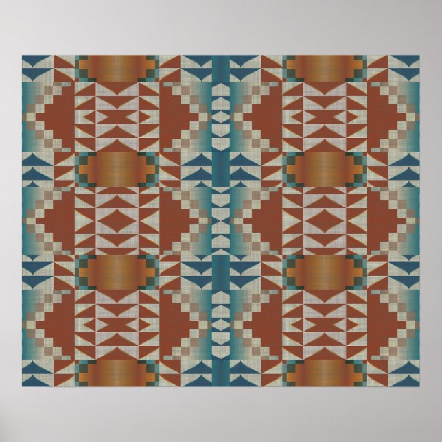 Terracotta Orange Brown Teal Blue Mosaic Art Poster (Front)