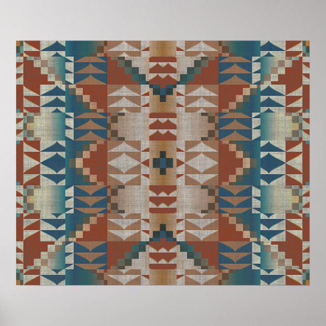 Terracotta Orange Brown Teal Blue Mosaic Art Poster (Front)