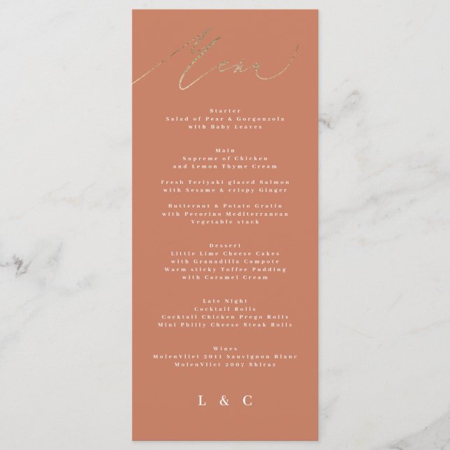 Terracotta Orange Elegant Boho Gold Wedding Menu (Front)