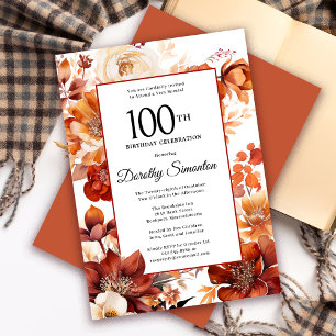 Terracotta Orange Fall Flowers 100th Birthday Invitation