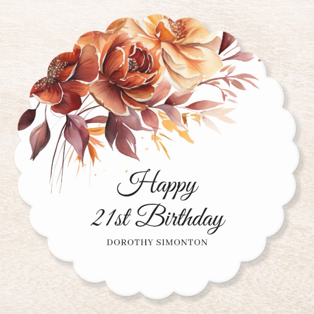 Terracotta Orange Fall Flowers 21st Birthday Paper Coaster (Front)