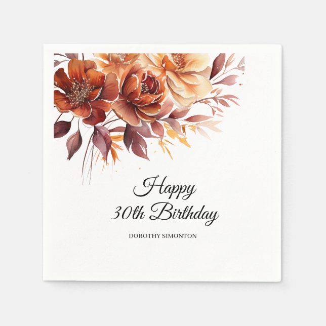 Terracotta Orange Fall Flowers 30th Birthday Napkin (Front)