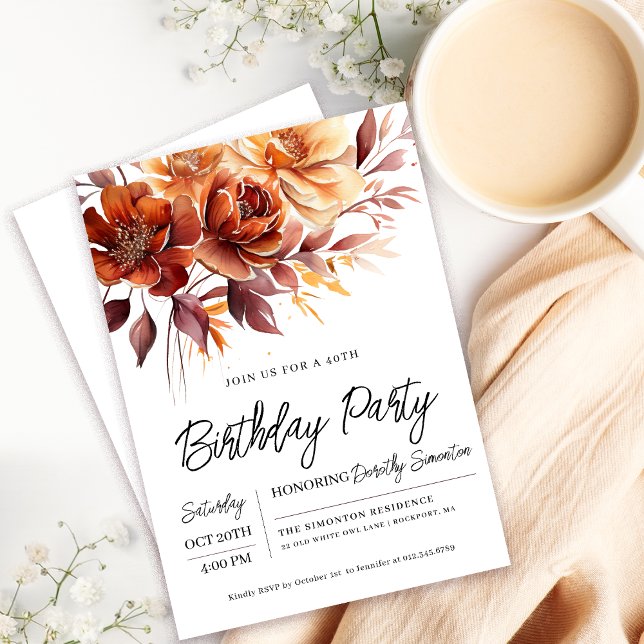 Terracotta Orange Fall Flowers 40th Birthday Invitation (Need a matching Welcome Sign? Message me!)