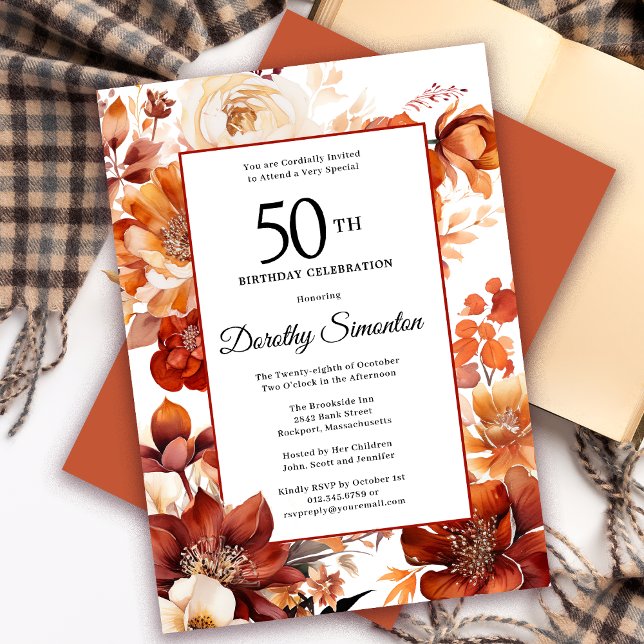Terracotta Orange Fall Flowers 50th Birthday Invitation (Need a matching autumn floral Welcome Sign? Message me! Party supplies also available.)