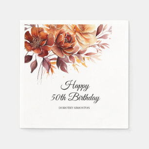 Terracotta Orange Fall Flowers 50th Birthday Napkin