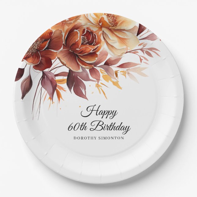 Terracotta Orange Fall Flowers 60th Birthday Paper Plate (Front)