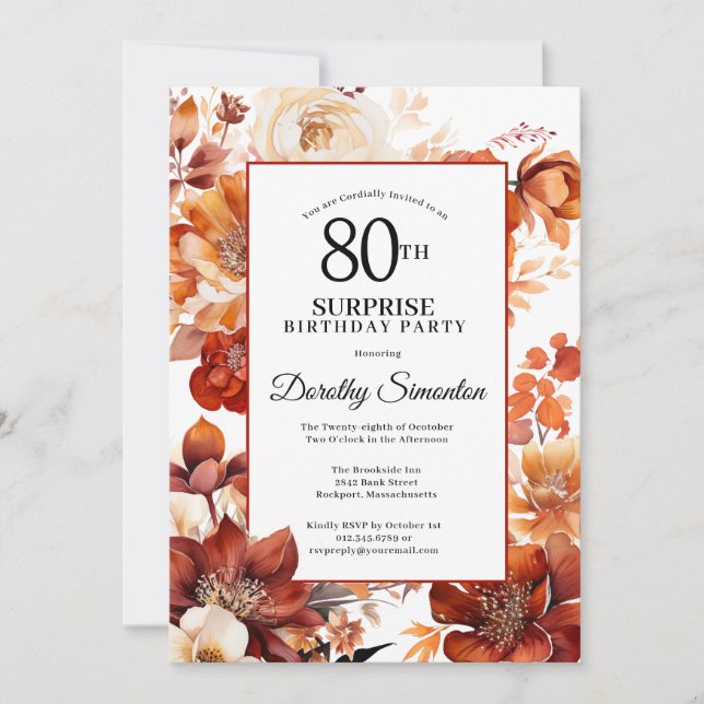 Terracotta Orange Fall Flowers 80th Birthday Invitation (Front)