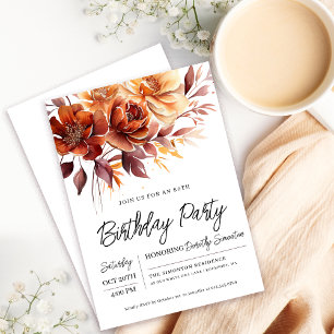 Terracotta Orange Fall Flowers 80th Birthday Invitation