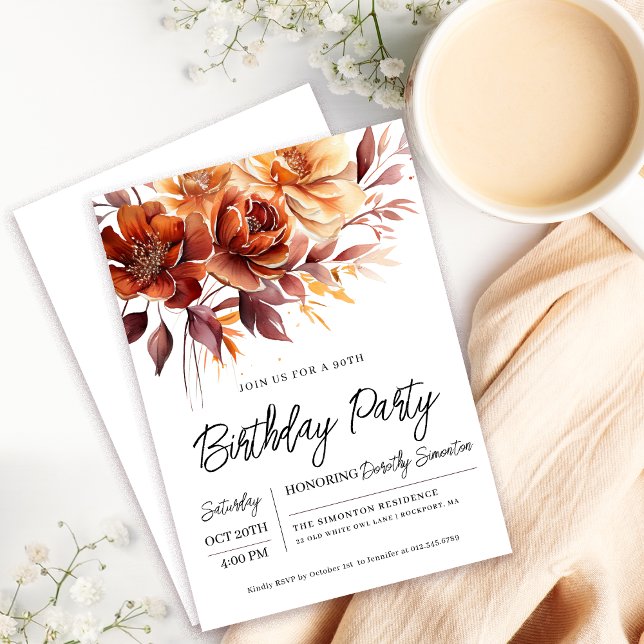 Terracotta Orange Fall Flowers 90th Birthday Invitation (Need a matching fall floral welcome sign? Message me!)