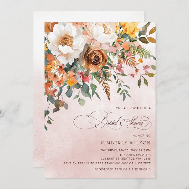 Terracotta Orange Floral Fall Bridal Shower Invitation (Front/Back)