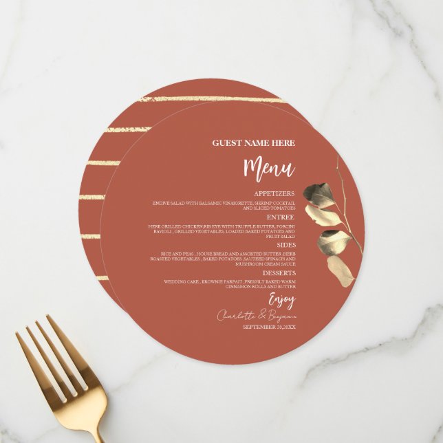 Terracotta Orange Gold Eucalyptus Round Wedding Menu (Front/Back In Situ)
