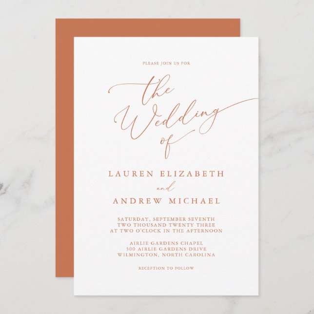 Terracotta Orange Minimalist Wedding Invitation (Front/Back)