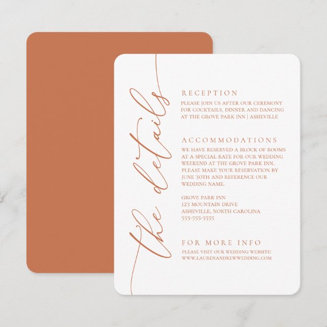 Terracotta Orange Modern Minimalist Wedding 2 Enclosure Card (Front/Back)