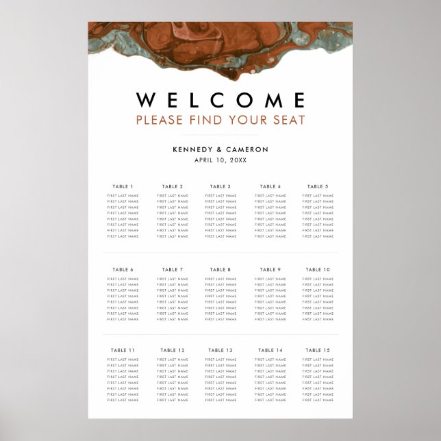 Terracotta Orange & Teal Minimalist Seating Chart (Front)
