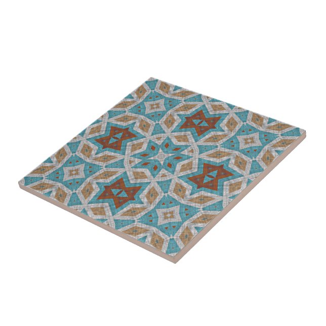 Terracotta Orange Turquoise Blue Ethnic Tribe Art Tile (Side)