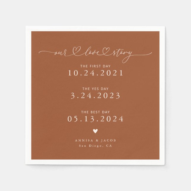 Terracotta Our Love Story Script Hearts Wedding Napkin (Front)