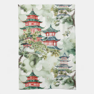 Terracotta Pagoda Architectural Botanical Tea Towel