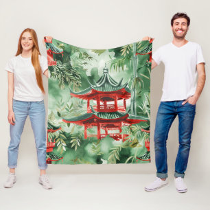 Terracotta Pagoda Asian Garden Watercolor Fleece Blanket
