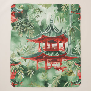 Terracotta Pagoda Asian Garden Watercolor Sherpa Blanket