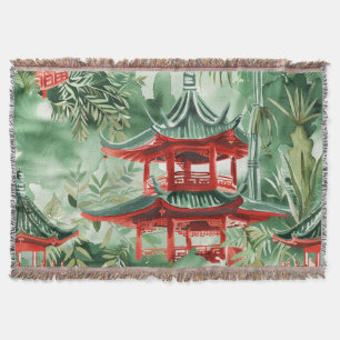 Terracotta Pagoda Asian Garden Watercolor Throw Blanket