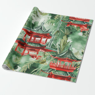 Terracotta Pagoda Asian Garden Watercolor Wrapping Paper