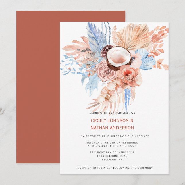 Terracotta & Pale Blue Tropical Beach Wedding | Invitation (Front/Back)