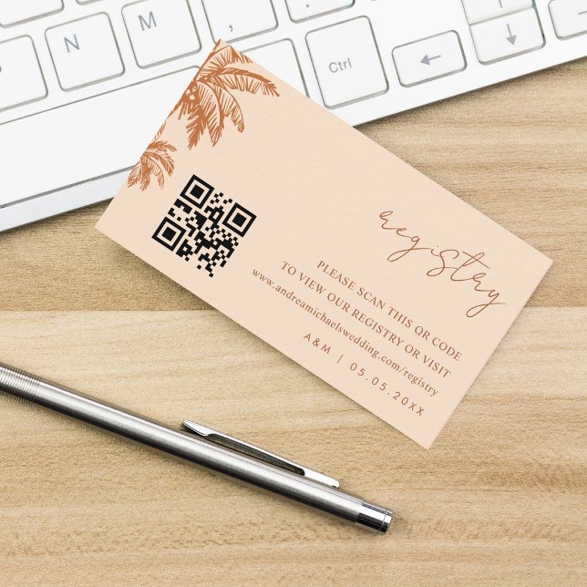 Terracotta Palm Tree Qr Code Wedding Gift Registry Enclosure Card (Creator Uploaded)
