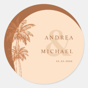Terracotta Palm Trees & Ampersand Names Wedding Classic Round Sticker