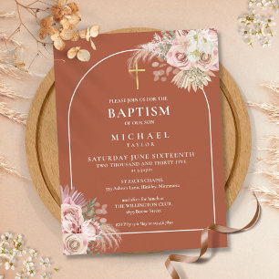 Terracotta Pampas Grass Arch Baptism Christening   Invitation Postcard