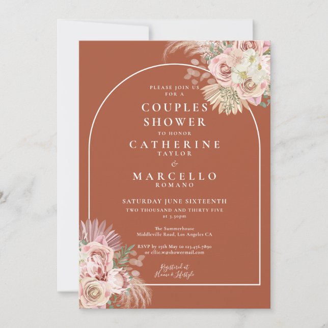 Terracotta Pampas Grass Arch Floral Couples Shower Invitation (Front)