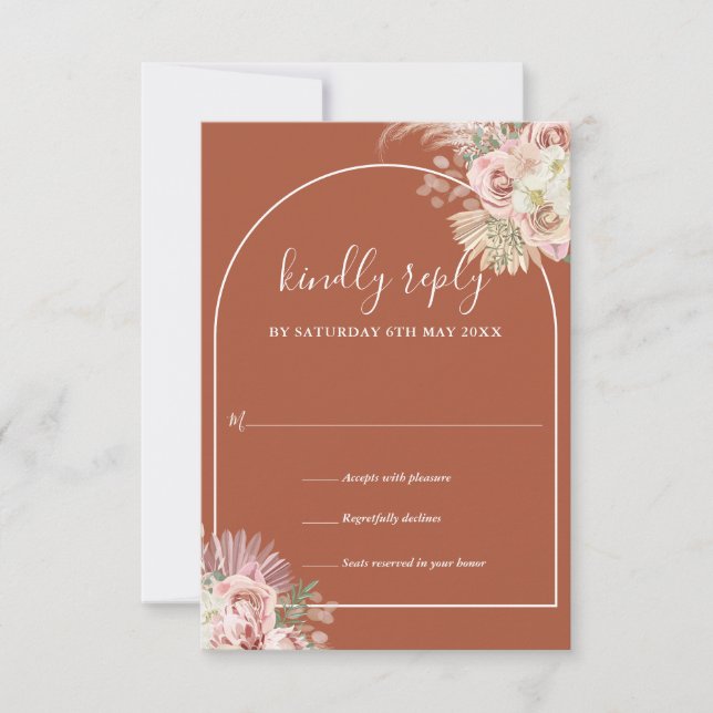 Terracotta Pampas Grass Arch Floral Monogram RSVP Card (Front)