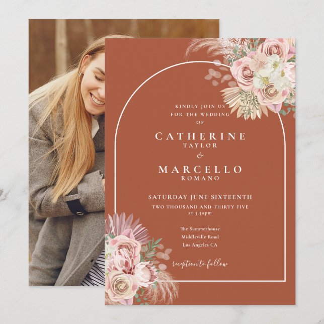 Terracotta Pampas Grass Arch Floral Photo Wedding  Invitation (Front/Back)