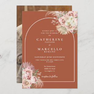Terracotta Pampas Grass Arch Floral Photo Wedding  Invitation