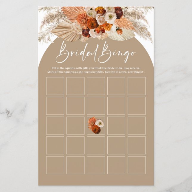 Terracotta pampas grass boho bridal shower bingo (Front)