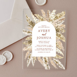 Terracotta Pampas Grass Boho Fall Wedding Acrylic Invitations