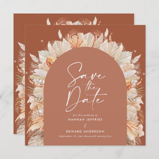 Terracotta pampas grass botanical elegant modern save the date (Front/Back)