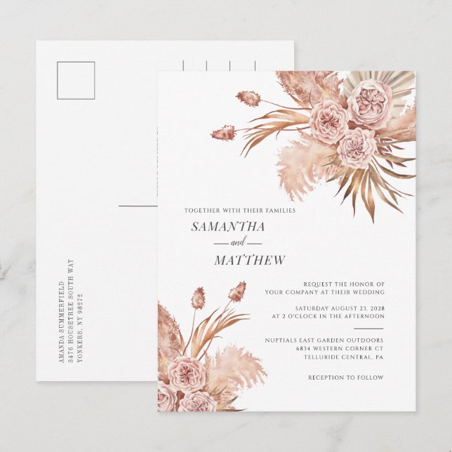 Terracotta Pampas Grass Botanical Wedding Invitation Postcard (Front/Back)