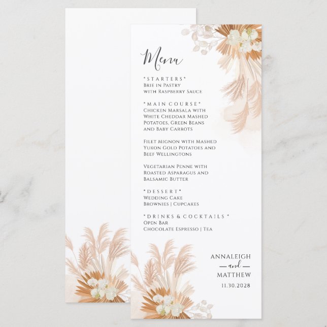 Terracotta Pampas Grass Botanical Wedding Menu (Front/Back)