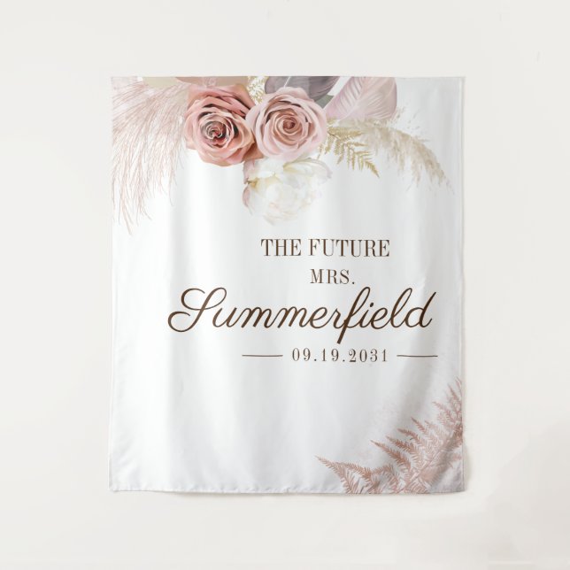 Terracotta Pampas Grass Bridal Shower Backdrop Tapestry (Front)