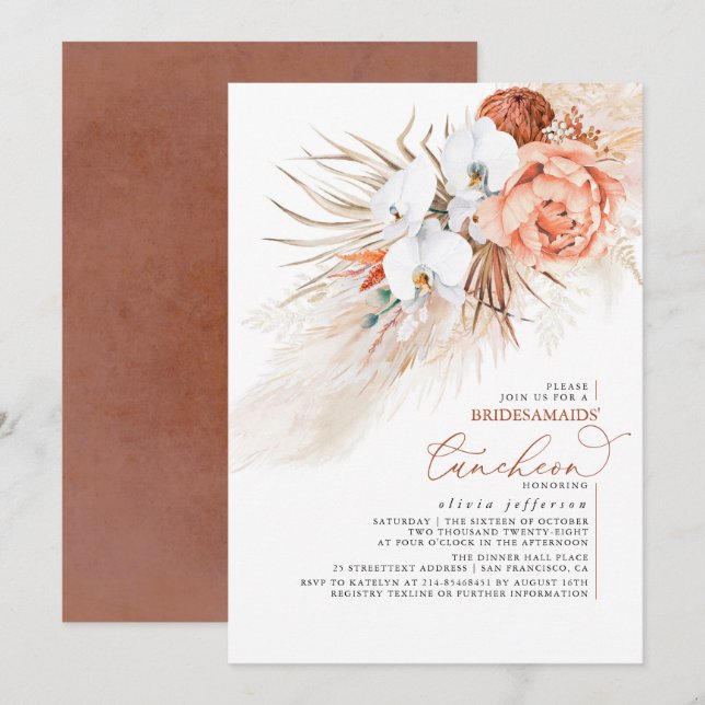 Terracotta Pampas Grass Bridesmaids Luncheon Invitation (Front/Back)